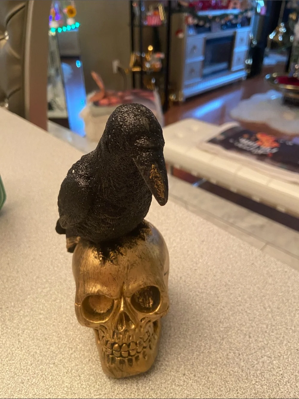 Decorative Black Raven on Gold Skull Accent Statue - Home Accents
